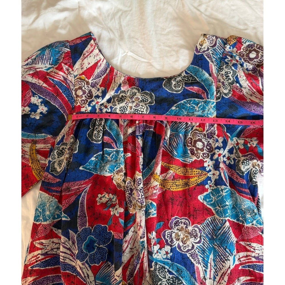 Vtg 80s California Dynasty Batik Floral Peasant Midi Dress Balloon Sleeve Boho - Picture 8 of 8